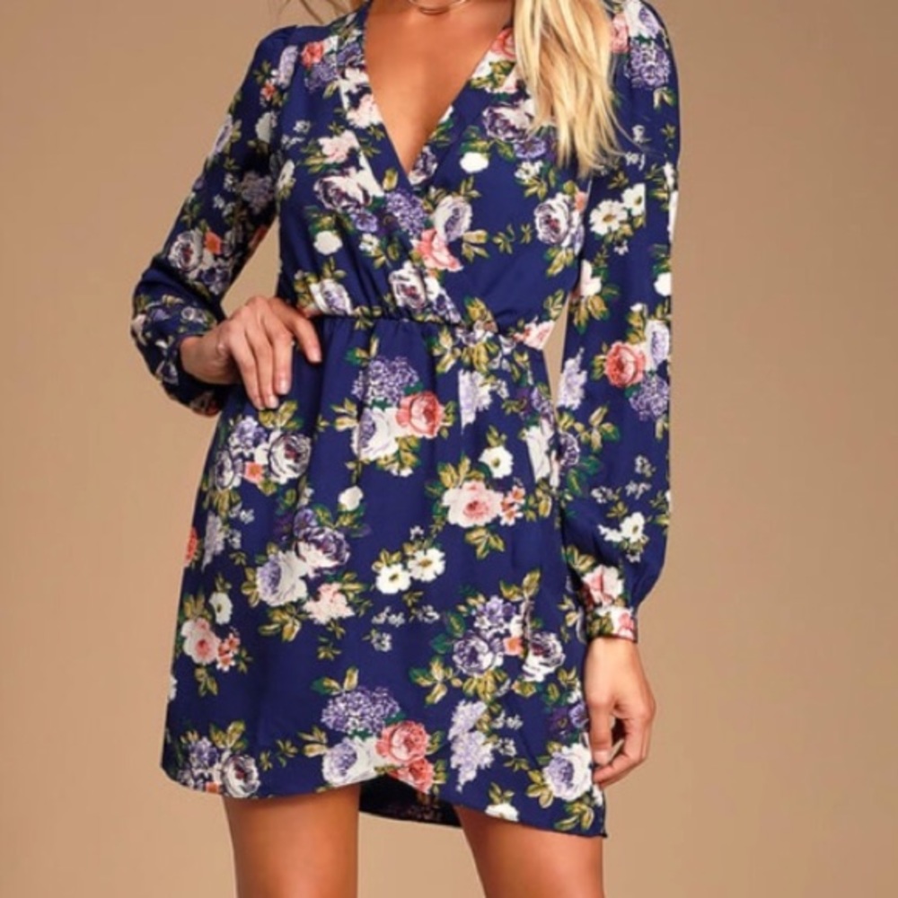 Lulus’s Navy Floral Wrap Dress